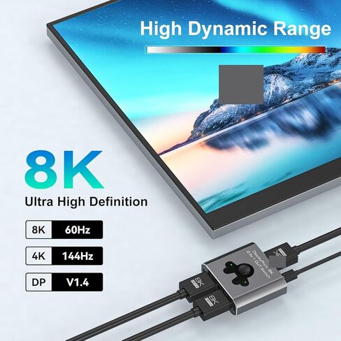 محول منفذ العرض 2 في 1، 8K@60 هرتز 4K144 هرتز DP محول Displayport Switcher D*P 1.4 متوافق مع أجهزة الكمبيوتر المحمول Monitos in Kuwait
