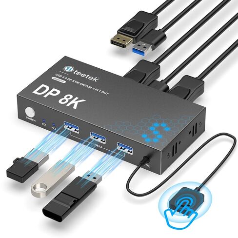 Displayport KVM Switch 1 شاشات 2 جهاز كمبيوتر، مع 3 محاور USB 3.0، 8K@60 هرتز DP 1.4 مفتاح KVM ثنائي الشاشة، مفاتيح KVM عن بعد سلكية، مشاركة طابعة ماوس لوحة المفاتيح، EDID، التوصيل والتشغيل in Kuwait