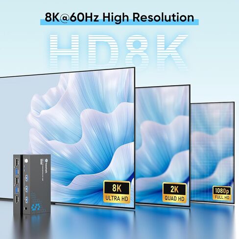 Displayport KVM Switch 1 شاشات 2 جهاز كمبيوتر، مع 3 محاور USB 3.0، 8K@60 هرتز DP 1.4 مفتاح KVM ثنائي الشاشة، مفاتيح KVM عن بعد سلكية، مشاركة طابعة ماوس لوحة المفاتيح، EDID، التوصيل والتشغيل in Kuwait