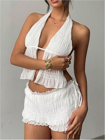 OYOANGLE Women's 2 Piece Set Textured Backless Halter Crop Top and Tie Side Bloomers Shorts Y2K Outfits in Saudi Arabia