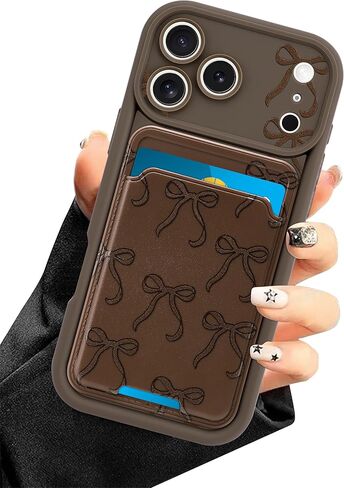 Case for iPhone 17 Pro with Card Holder, Cute Brown Bow Aesthetic Pattern Soft Silicone Slim Shockproof Protective Phone Anti Scratch Wallet Cover for Women Girls in Kuwait