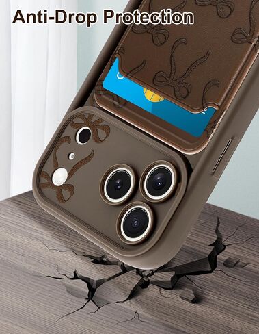 Case for iPhone 17 Pro with Card Holder, Cute Brown Bow Aesthetic Pattern Soft Silicone Slim Shockproof Protective Phone Anti Scratch Wallet Cover for Women Girls in Kuwait
