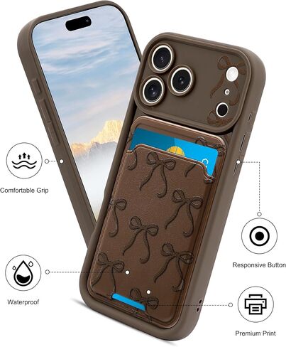 Case for iPhone 17 Pro with Card Holder, Cute Brown Bow Aesthetic Pattern Soft Silicone Slim Shockproof Protective Phone Anti Scratch Wallet Cover for Women Girls in Kuwait