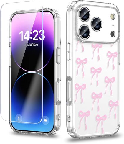 Case Compatible with iPhone 17 Pro Max 6.9 Inch with Screen Protector, Cute Bow Slim Clear Phone Cover for Women Girl｜Full Camera Protection｜Anti-Yellowing｜Shockproof & Anti-Scratch, Pink in Saudi Arabia