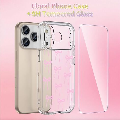Case Compatible with iPhone 17 Pro Max 6.9 Inch with Screen Protector, Cute Bow Slim Clear Phone Cover for Women Girl｜Full Camera Protection｜Anti-Yellowing｜Shockproof & Anti-Scratch, Pink in Saudi Arabia