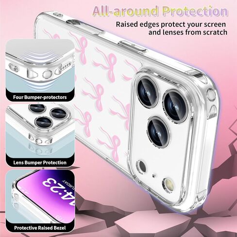Case Compatible with iPhone 17 Pro Max 6.9 Inch with Screen Protector, Cute Bow Slim Clear Phone Cover for Women Girl｜Full Camera Protection｜Anti-Yellowing｜Shockproof & Anti-Scratch, Pink in Saudi Arabia