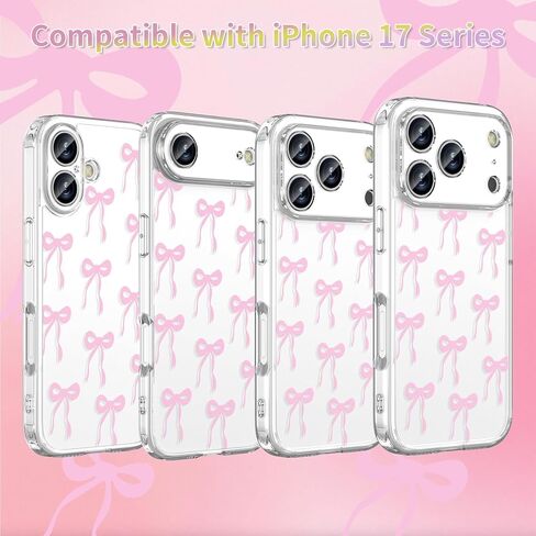 Case Compatible with iPhone 17 Pro Max 6.9 Inch with Screen Protector, Cute Bow Slim Clear Phone Cover for Women Girl｜Full Camera Protection｜Anti-Yellowing｜Shockproof & Anti-Scratch, Pink in Saudi Arabia