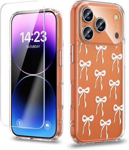 Case Compatible with iPhone 17 Pro Max 6.9 Inch with Screen Protector, Cute Bow Slim Clear Phone Cover for Women Girl｜Full Camera Protection｜Anti-Yellowing｜Shockproof & Anti-Scratch, Pink in Saudi Arabia
