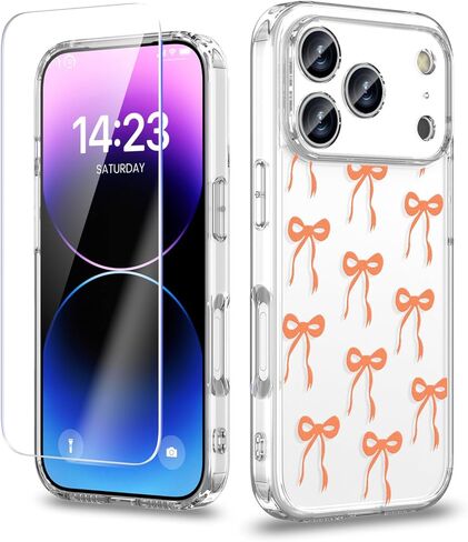 Case Compatible with iPhone 17 Pro Max 6.9 Inch with Screen Protector, Cute Bow Slim Clear Phone Cover for Women Girl｜Full Camera Protection｜Anti-Yellowing｜Shockproof & Anti-Scratch, Pink in Saudi Arabia