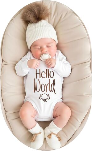 Hello World Newborn Coming Home Outfit Romper وقبعة متماسكة مع بوم بوم، قطعة واحدة للأطفال بأكمام طويلة هدية لحديثي الولادة in Kuwait