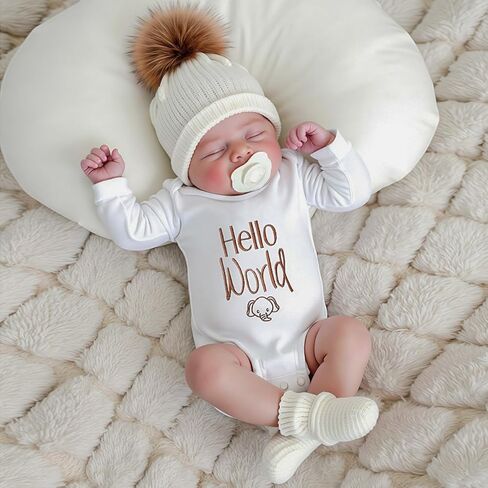 Hello World Newborn Coming Home Outfit Romper وقبعة متماسكة مع بوم بوم، قطعة واحدة للأطفال بأكمام طويلة هدية لحديثي الولادة in Kuwait