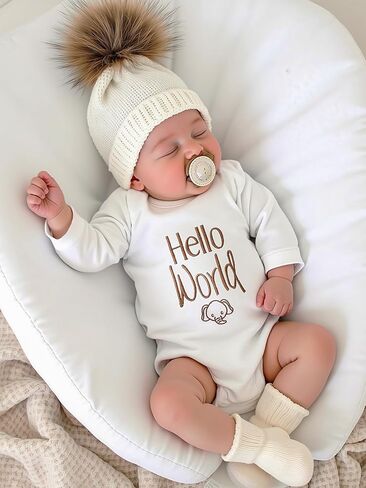 Hello World Newborn Coming Home Outfit Romper وقبعة متماسكة مع بوم بوم، قطعة واحدة للأطفال بأكمام طويلة هدية لحديثي الولادة in Kuwait