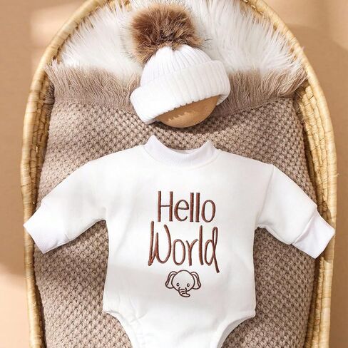 Hello World Newborn Coming Home Outfit Romper وقبعة متماسكة مع بوم بوم، قطعة واحدة للأطفال بأكمام طويلة هدية لحديثي الولادة in Kuwait