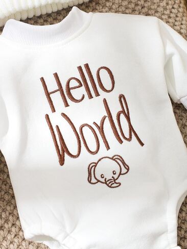 Hello World Newborn Coming Home Outfit Romper وقبعة متماسكة مع بوم بوم، قطعة واحدة للأطفال بأكمام طويلة هدية لحديثي الولادة in Kuwait