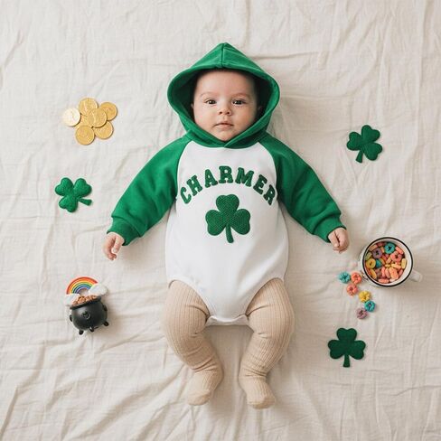 Thorn Tree St Patricks Day Baby Boy Outfit Spring Clothes Long Sleeve Romper Embroidery Shamrock Hoodie Newborn Onesie in Saudi Arabia
