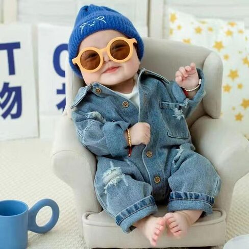 Baby Denim Romper Long Sleeve Jumpsuit for Boys Girls, Ripped Classic Jean Bodysuit Infant Spring Fall Outfit in Kuwait