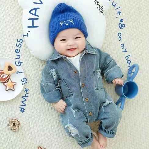 Baby Denim Romper Long Sleeve Jumpsuit for Boys Girls, Ripped Classic Jean Bodysuit Infant Spring Fall Outfit in Kuwait