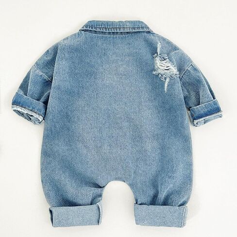 Baby Denim Romper Long Sleeve Jumpsuit for Boys Girls, Ripped Classic Jean Bodysuit Infant Spring Fall Outfit in Kuwait