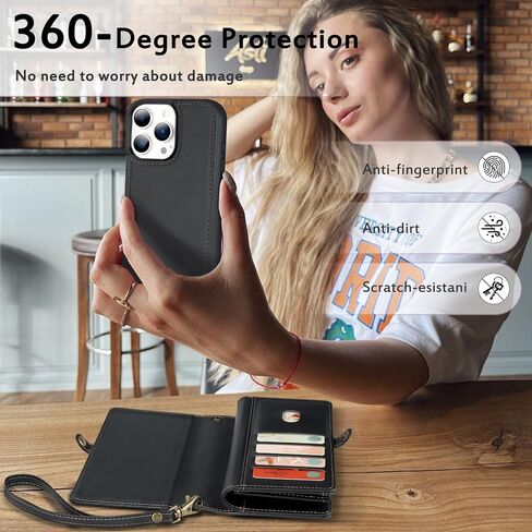 حافظة محفظة متوافقة مع هاتف iPhone 16 Pro Max، متعددة الوظائف قابلة للفصل 2 في 1 محفظة مغناطيسية لهاتف iPhone 16 Pro Max، حافظة هاتف بسحاب وحزام قلاب مع أشرطة كتف (أسود) in Kuwait