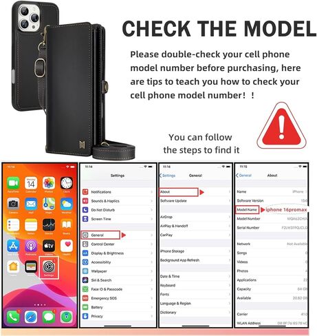 حافظة محفظة متوافقة مع هاتف iPhone 16 Pro Max، متعددة الوظائف قابلة للفصل 2 في 1 محفظة مغناطيسية لهاتف iPhone 16 Pro Max، حافظة هاتف بسحاب وحزام قلاب مع أشرطة كتف (أسود) in Kuwait