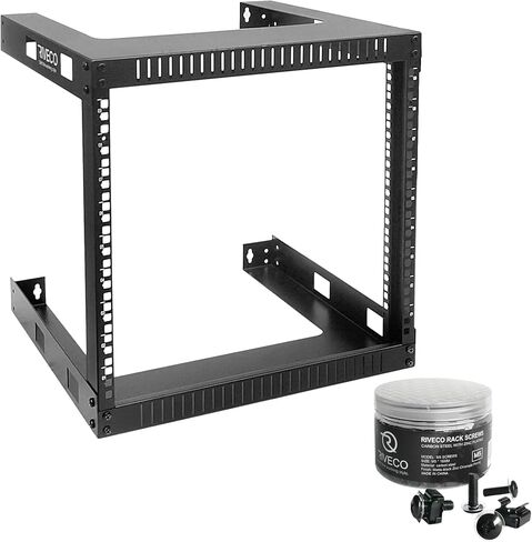 رف تثبيت على الحائط RIVECO 9U للشبكة - 17.7 بوصة عمق 2 رفوف إطار مفتوحة سهلة التجميع تم تصميمها لمعدات الاستريو/الخادم/AV/البيانات المنزلية ومسامير M5 50 مجموعة in Saudi Arabia