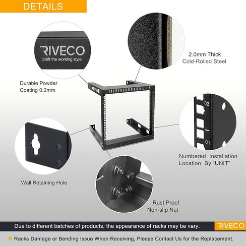 رف تثبيت على الحائط RIVECO 9U للشبكة - 17.7 بوصة عمق 2 رفوف إطار مفتوحة سهلة التجميع تم تصميمها لمعدات الاستريو/الخادم/AV/البيانات المنزلية ومسامير M5 50 مجموعة in Saudi Arabia