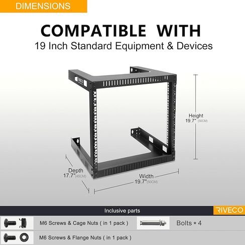رف تثبيت على الحائط RIVECO 9U للشبكة - 17.7 بوصة عمق 2 رفوف إطار مفتوحة سهلة التجميع تم تصميمها لمعدات الاستريو/الخادم/AV/البيانات المنزلية ومسامير M5 50 مجموعة in Saudi Arabia