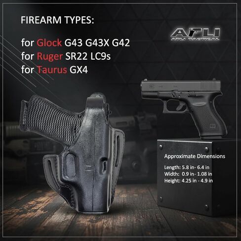 حافظة جلدية OWB لـ Glock 43 - حافظة OWB لـ Glock 43x - لـ G42 43 43X Mos، Rgr SR22 LC9s EC9s، Taurus GX4 - حافظات جلدية لـ Glock 42 - حافظات فطيرة من جلد العجل in Kuwait