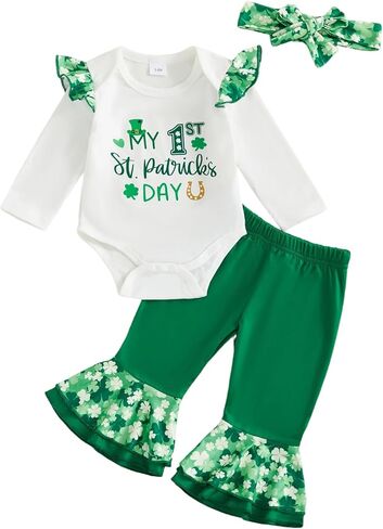 Douhoow Baby Girl St Patricks Day Outfit Baby Letters Ruffle Romper Flare Pants Headband Infant Girl Festival Clothes in Kuwait