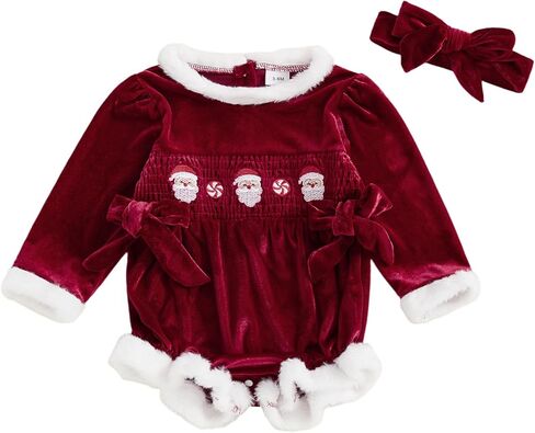 Baby Girl Christmas Velvet Bodysuit Santa Candy Cane Embroidery Fur Trim Smocked Romper with Headband Holiday Outfit in Kuwait
