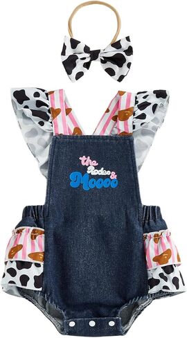 Infant Baby Girl Summer Outfit Denim Bow Embroidery Ruffle Sleeveless Romper Bodysuit Bow Headband Set in Saudi Arabia