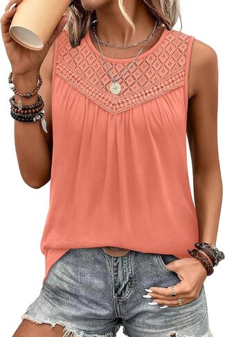 Boho Tops for Women Valentines Shirts Plus Size Clothes for Women Loose Fit Summer Tank Tops Pleated Sleeveless Vacation Outfits Crochet Tops Pink Floral XXL in Saudi Arabia