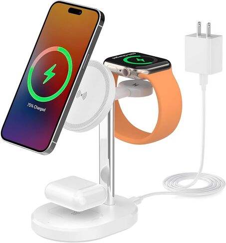 قاعدة شحن لاسلكية 3 في 1، شاحن ساعة Apple قابل للفصل وحامل شاحن 15 وات لـ MagSafe لهاتف iPhone، شاحن لاسلكي لأجهزة متعددة iPhone 16/15/14/13 وWatch وAirPods (أبيض) in Kuwait