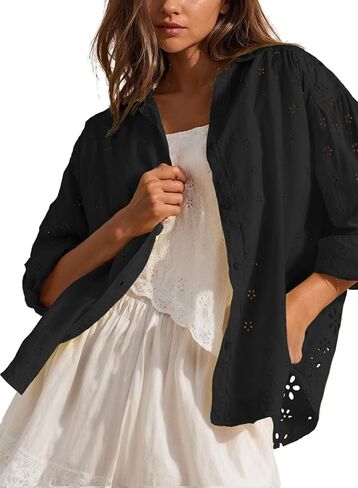 Dokotoo Womens Summer Tops Casual Button Down Long Sleeve Shirts for Women Loose Soft Cotton Hollow Out Blouses in Saudi Arabia