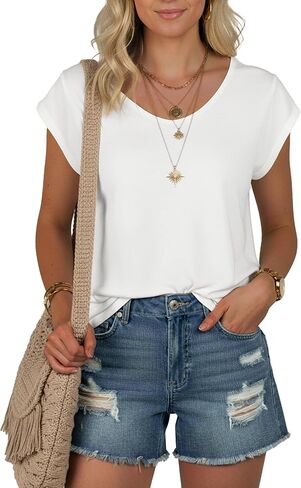 AURUZA Womens Cap Sleeve Tops Summer T Shirt Loose Fit Casual Basic Tee V Neck Tank Top Boho Tops Trendy Fashion Clothes in Saudi Arabia