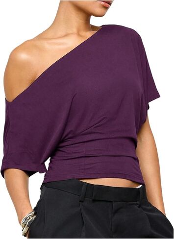 Milumia Women's Off The Shoulder Crop Top Ruched Dolman Bat Wing Short Sleeve Going Out T Shirt in Saudi Arabia