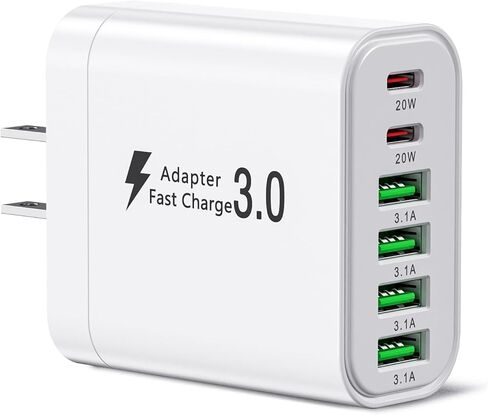 كتلة شاحن حائط USB، 52 وات 6 منافذ (2USBC+4USBA) كتلة شحن سريعة، قابس حائط USBC متعدد المنافذ لهاتف iPhone 17/16/15/14/13/12، Samsung S25/S24/S23، محول طاقة عالمي in Kuwait