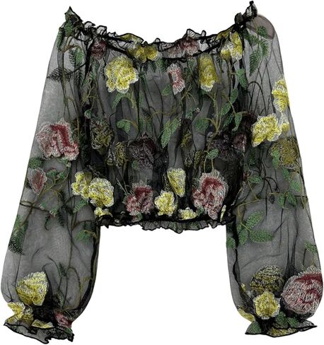 WDIRARA Women's Floral Embroidered Off The Shoulder Tops Mesh Sheer Bishop Sleeve Blouse Boho Crop Tops in Saudi Arabia