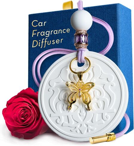 Luxury Car Air Freshener for Women - Refillable & Portable Essential Oil Fragrance Diffuser - Cute Car Accessories & Interior Decor - Mirror Hanging or Vent Clips - Pink Heart Charm, Rose Scent in Saudi Arabia