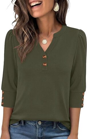 ANRABESS Womens Tops 3/4 Sleeve Casual Henley Shirts V Neck Buttons Dressy Work Business Blouses 2026 Spring Trendy Clothes in Saudi Arabia