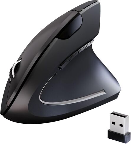 ماوس لاسلكي مريح، ماوس عمودي لاسلكي USB 2.4G، DPI قابل للتعديل (800/1200/1600)، نقرات هادئة، 6 أزرار للكمبيوتر المحمول، الكمبيوتر الشخصي، Mac، سطح المكتب - أسود in Saudi Arabia