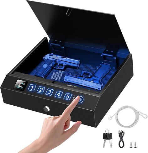 Biometric Gun Safe for Pistols 3-Ways unlock Fingerprint Digital PIN Key Unlock Pistol Safe with Security Cable Gun Lock Box With Interior Light For Nightstand Car & Home Security in Saudi Arabia