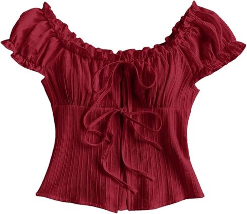 SweatyRocks Women's Bow Tie Front Ruched Blouse Puff Sleeve Square Neck Summer Cute Tops in Saudi Arabia