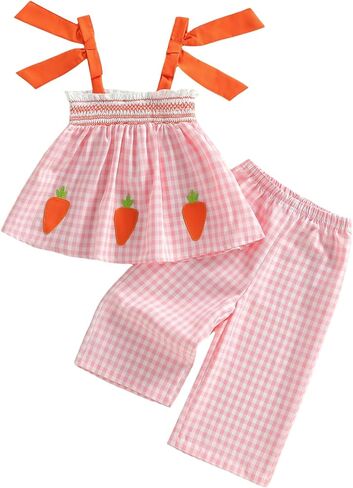 Baby Girls Easter Outfits Carrot Embroidery Vest Tops Elastic Pants Set Bunny Outfit Baby Girl Summer Girl Clothes in Saudi Arabia