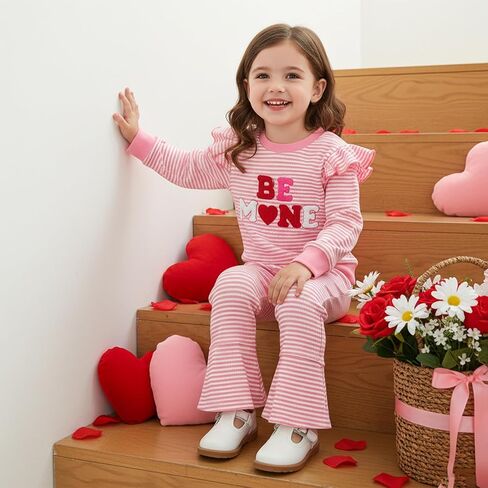 Toddler Girl Valentines Day Outfit Baby Clothes Embroidery Long Sleeve Sweater Bell Sweatpants Fall Spring Outfits in Saudi Arabia