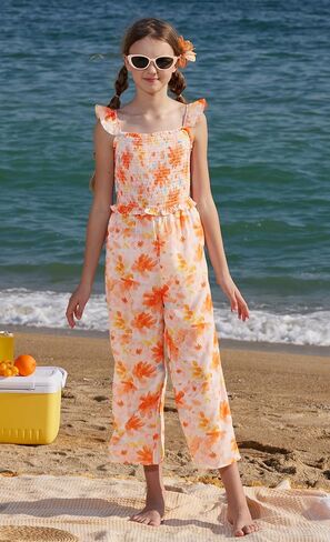 GRACE KARIN Girls Romper Fashion Floral Jumpsuit Summer Casual Ruffle Cropped Wide-Leg Pants One Piece Outfit 7-14 Years in Saudi Arabia