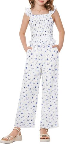 GRACE KARIN Girls Romper Fashion Floral Jumpsuit Summer Casual Ruffle Cropped Wide-Leg Pants One Piece Outfit 7-14 Years in Saudi Arabia
