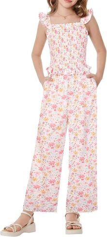 GRACE KARIN Girls Romper Fashion Floral Jumpsuit Summer Casual Ruffle Cropped Wide-Leg Pants One Piece Outfit 7-14 Years in Saudi Arabia