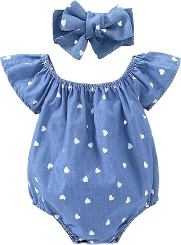 Baby Girl Summer Clothes Outfits Flutter Sleeve Denim Heart Romper One Piece Jumpsuit Bodysuit in Saudi Arabia
