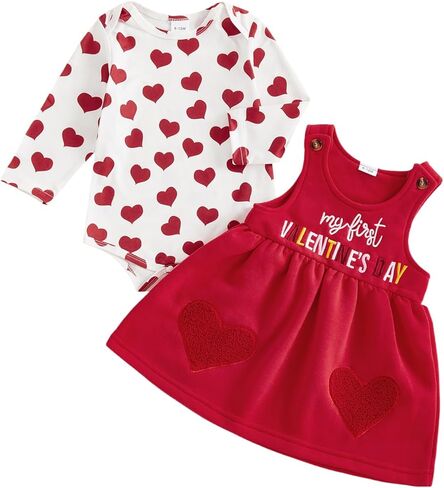 FIOMVA My First Valentines Day Outfit Clothes Baby Girl Romper Love Onesie Heart Embroidery Overalls Suspender Dress Set in Saudi Arabia